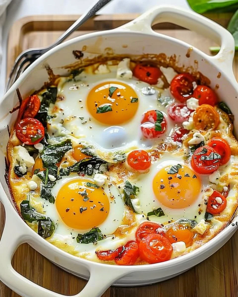 Baked Feta Eggs with Tomatoes and Spinach