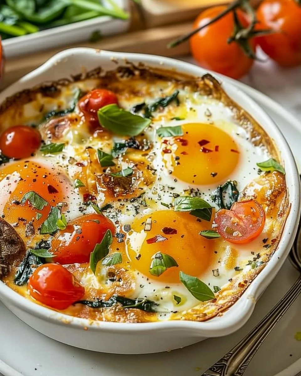 Baked Feta Eggs with Tomatoes and Spinach