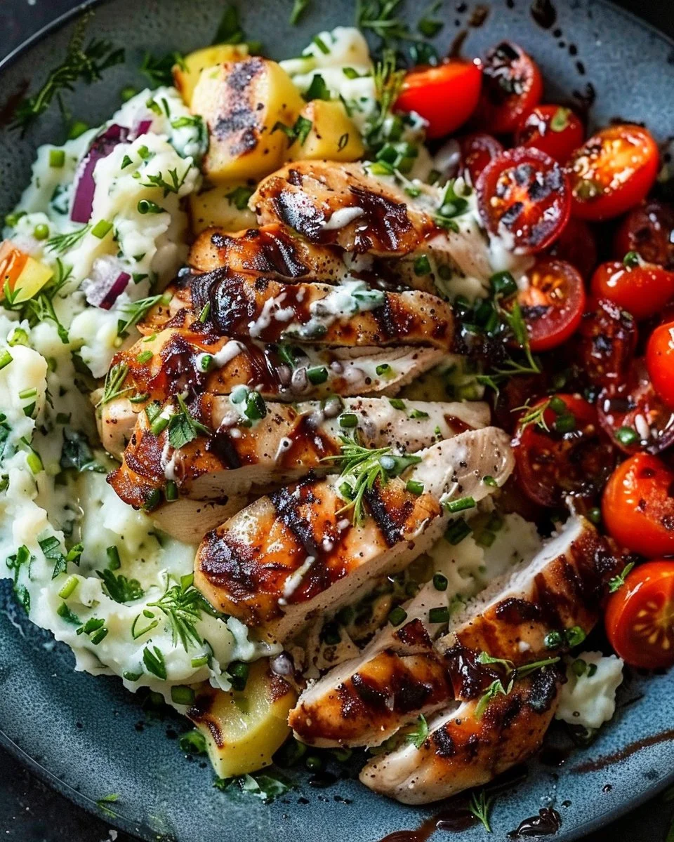 Balsamic Grilled Chicken with Herbed Mashed Potatoes & Roasted Tomatoes