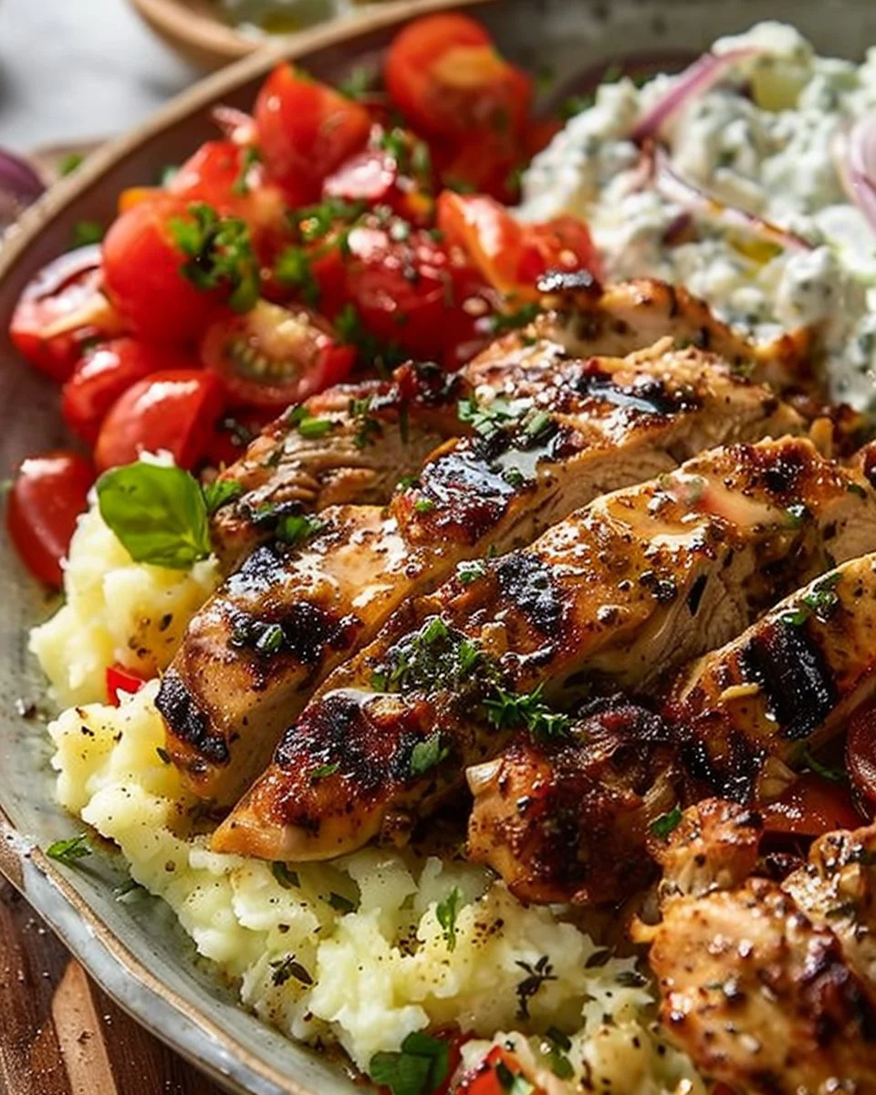 Balsamic Grilled Chicken with Herbed Mashed Potatoes & Roasted Tomatoes