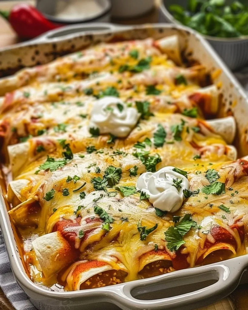 Delicious homemade chicken enchiladas topped with cheese and fresh herbs