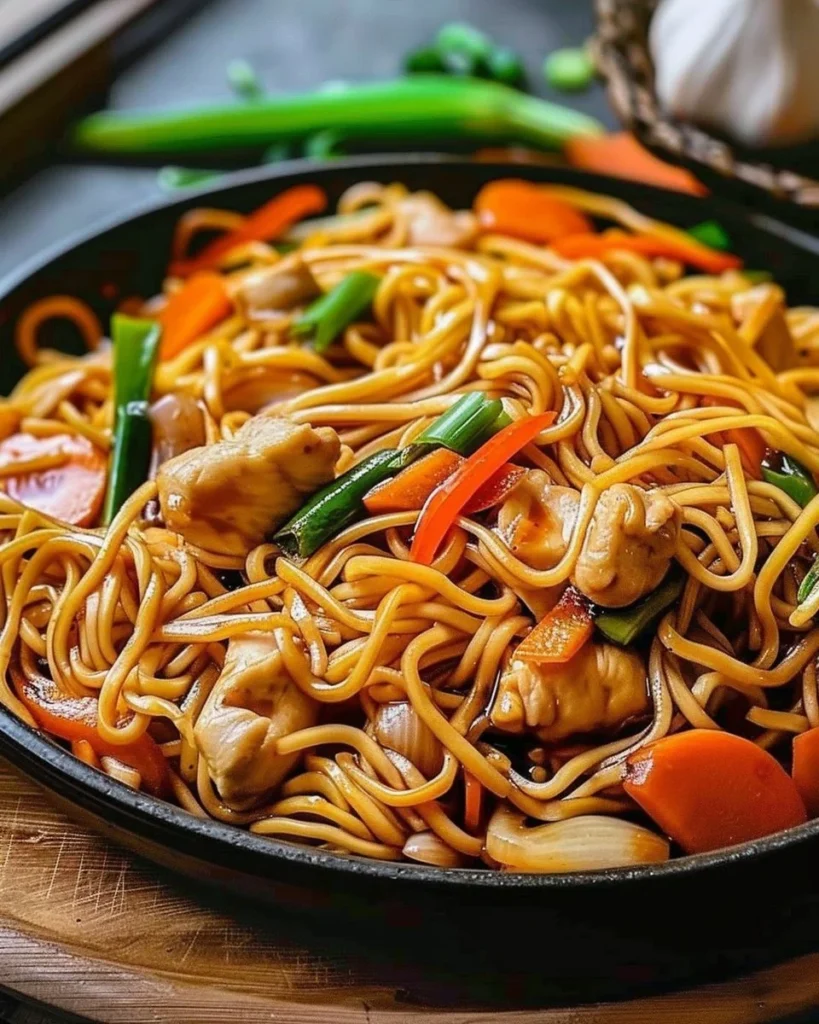Delicious Chicken Lo Mein dish served in a bowl with colorful vegetables.
