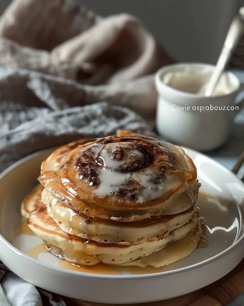 Image of fluffy cinnamon roll pancakes drizzled with icing