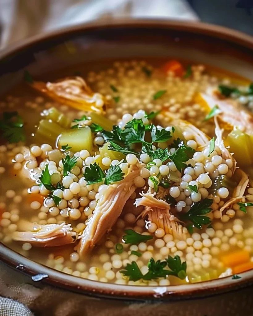 Bowl of chicken soup with pearl couscous and fresh herbs