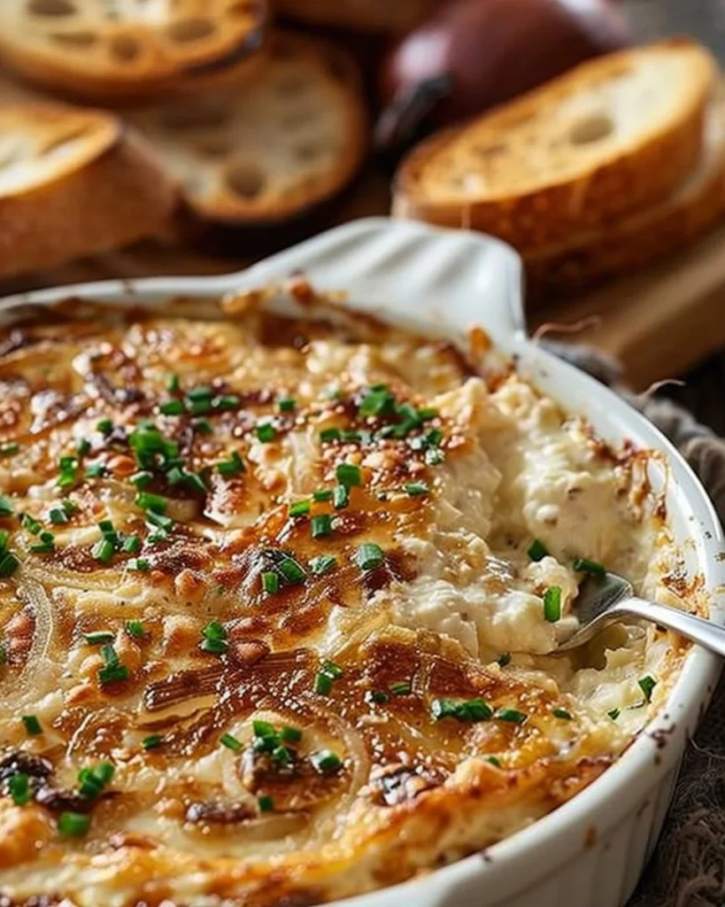 Creamy baked caramelized onion dip served in a bowl with tortilla chips