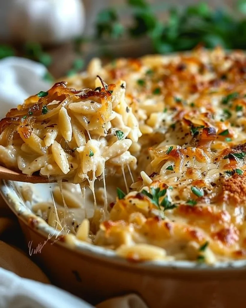 Creamy caramelized onion chicken orzo bake topped with Gruyère cheese