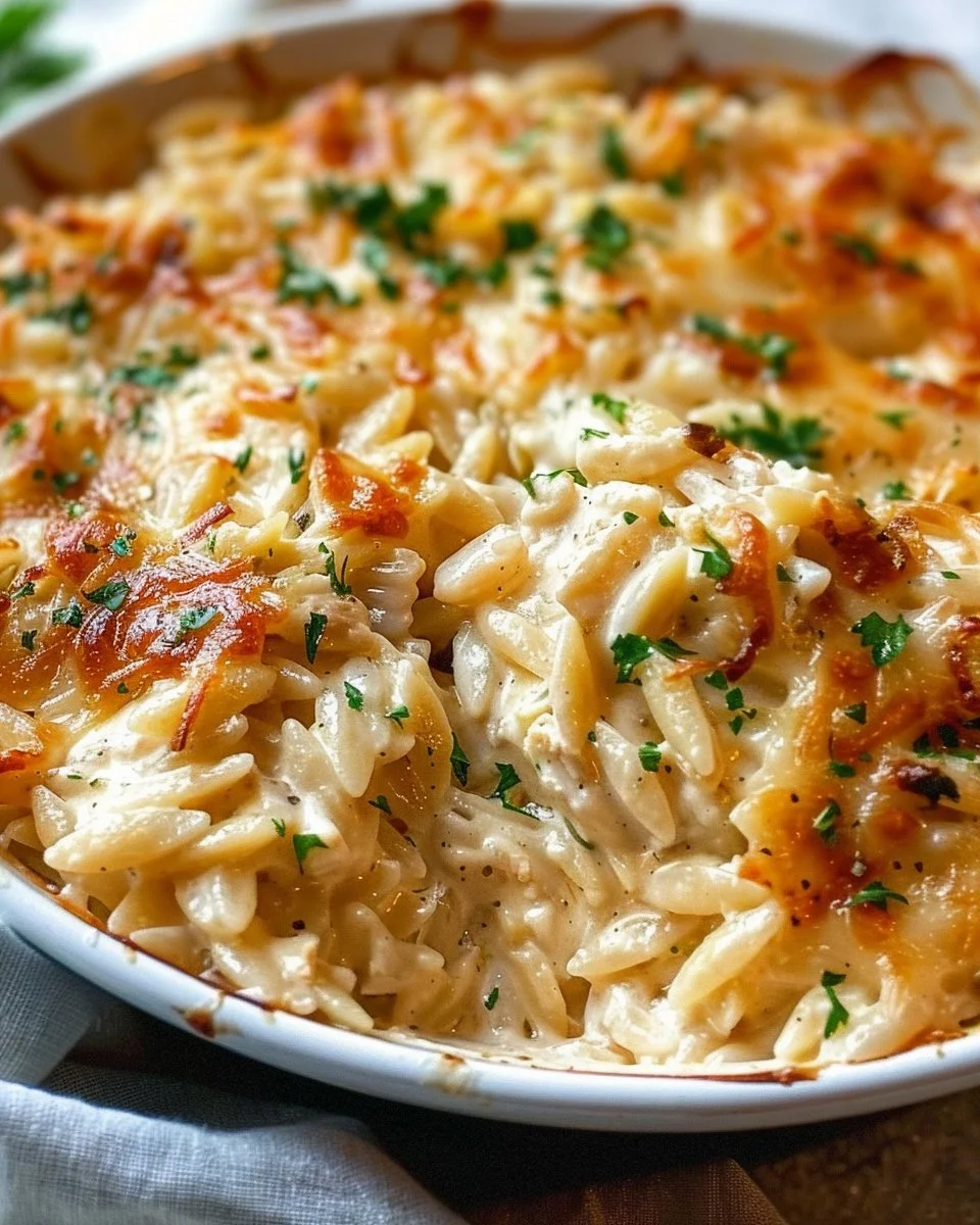Creamy Caramelized Onion Chicken Orzo Bake with Gruyère