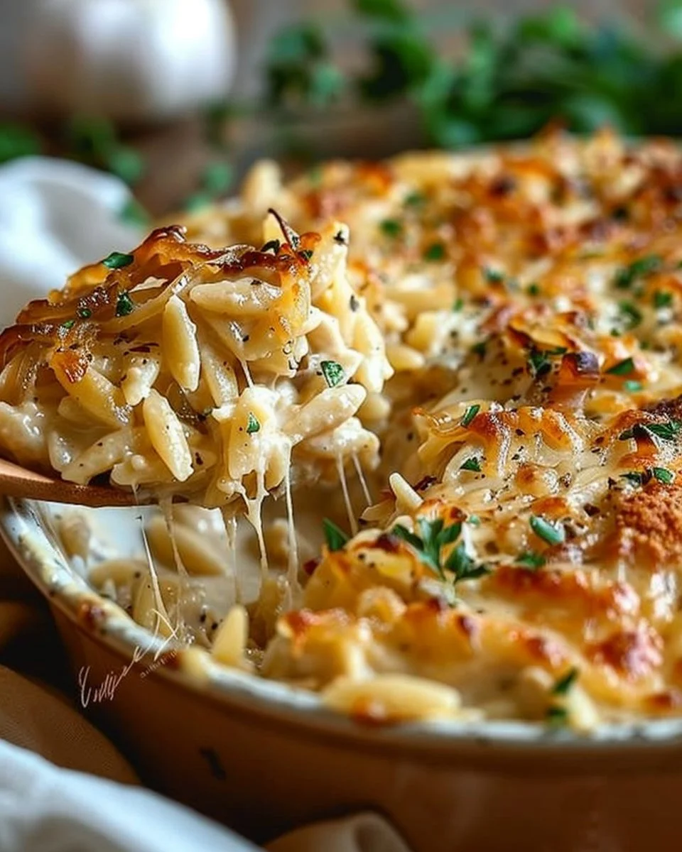 Creamy Caramelized Onion Chicken Orzo Bake with Gruyère