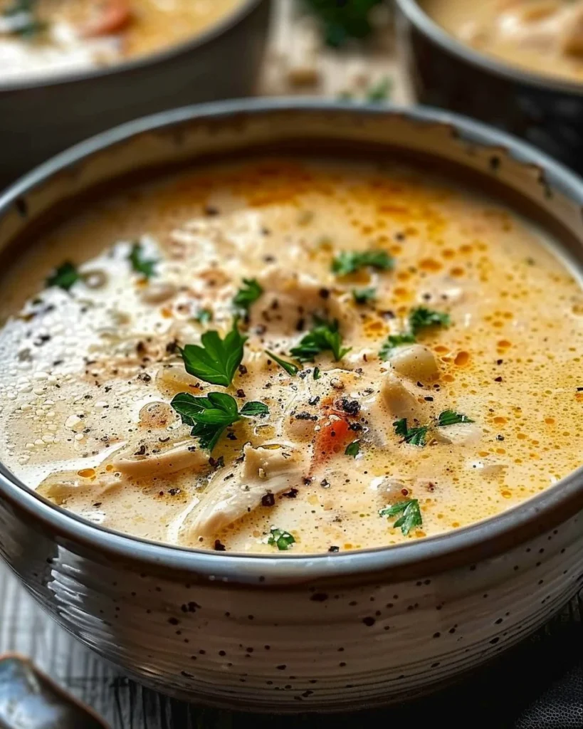 Bowl of creamy chicken pepper soup with acini di pepe and parsley garnish.