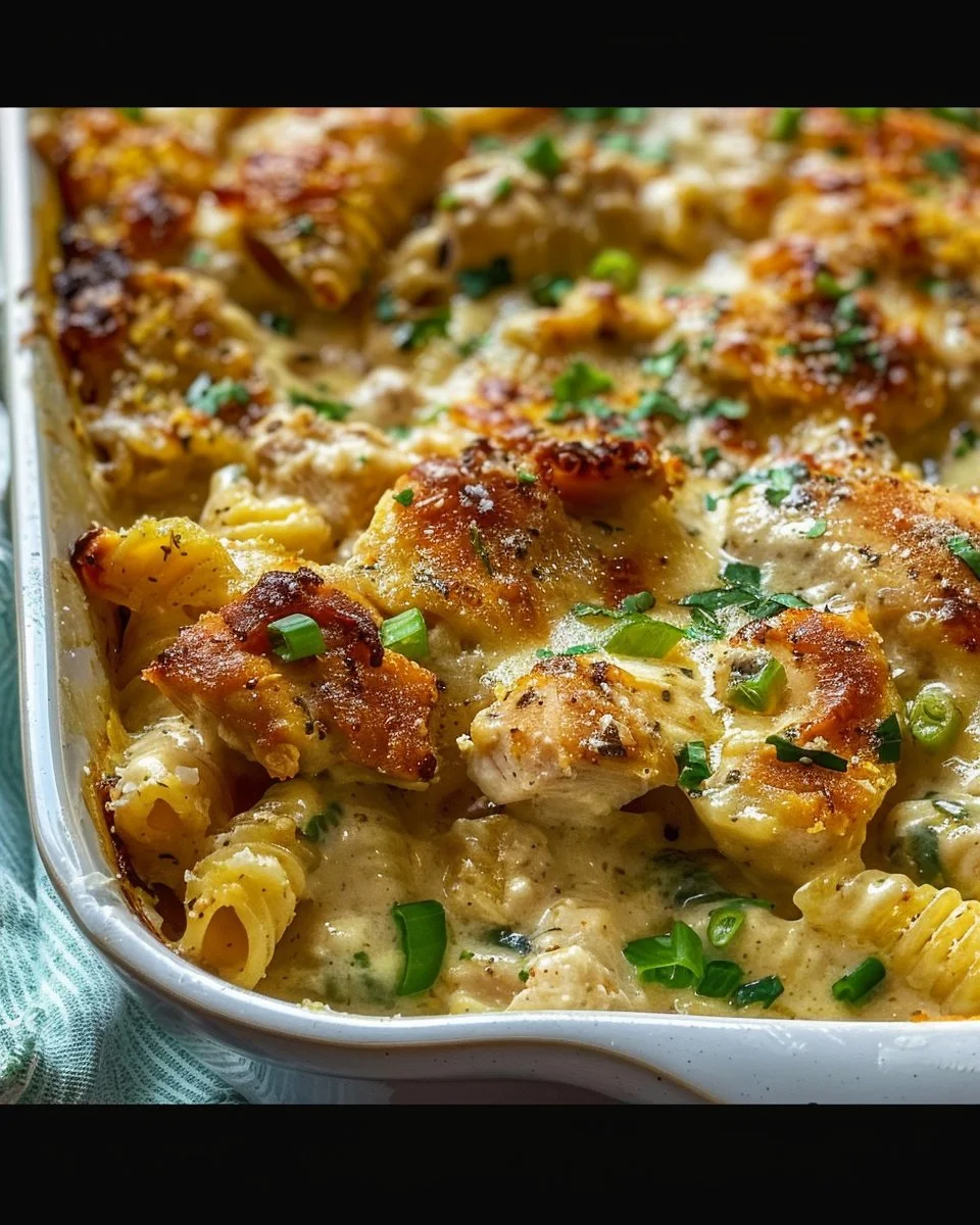 Creamy Jerk Chicken Pasta Bake with Cream Cheese & Scallions