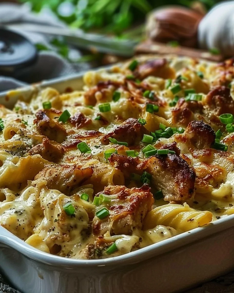 Creamy Jerk Chicken Pasta Bake with Cream Cheese & Scallions