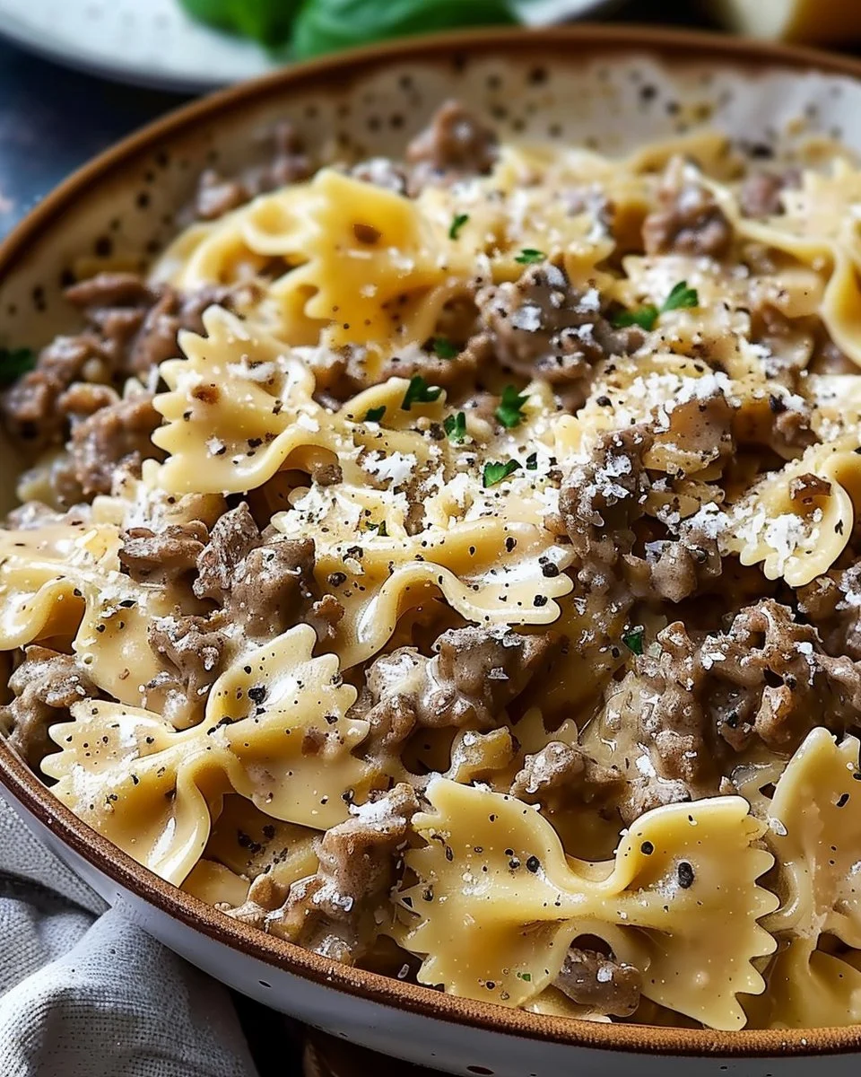Creamy Parmesan Garlic Beef Bowtie Pasta