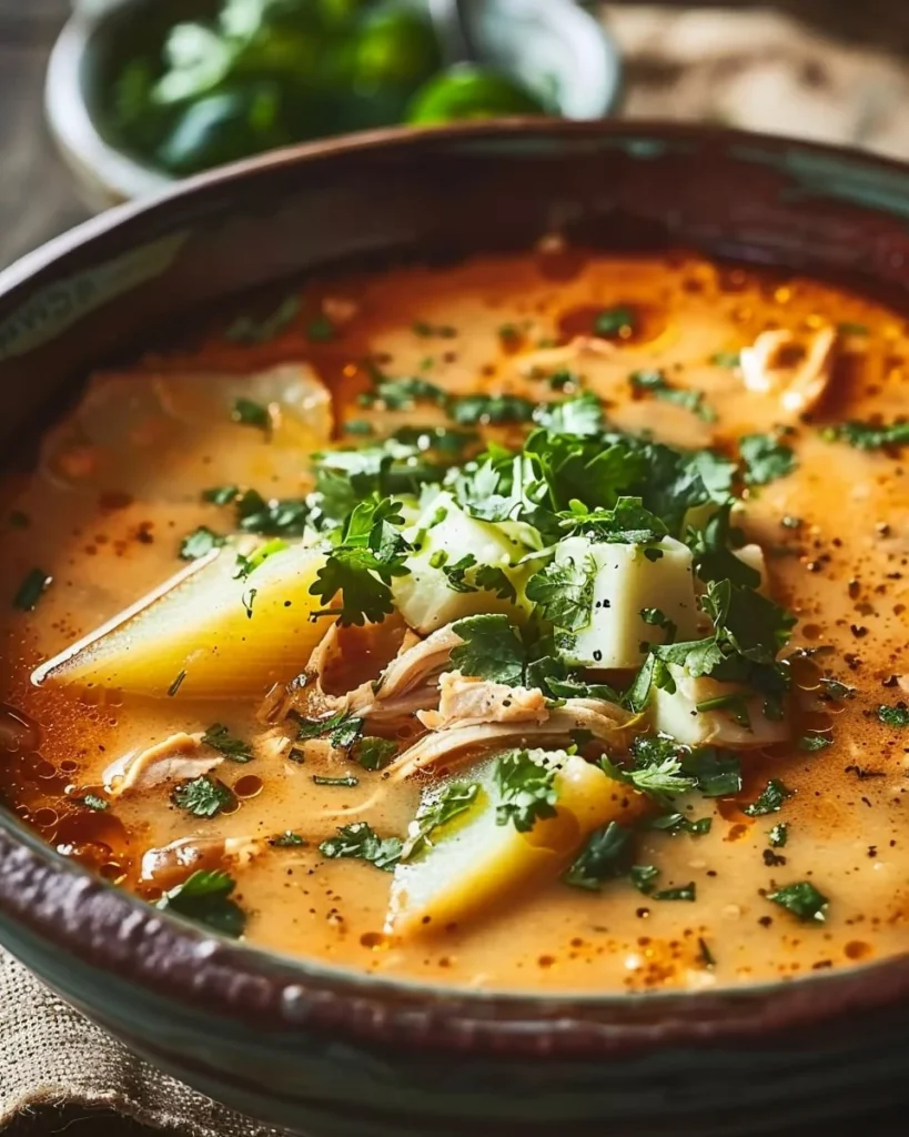 Creamy salsa potato soup with shredded chicken in a bowl