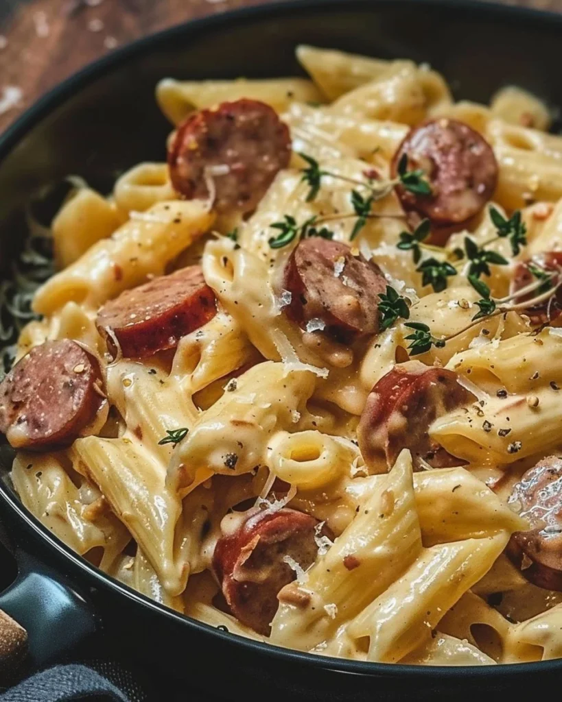 Creamy smoked sausage pasta dish with rich sauce and herbs