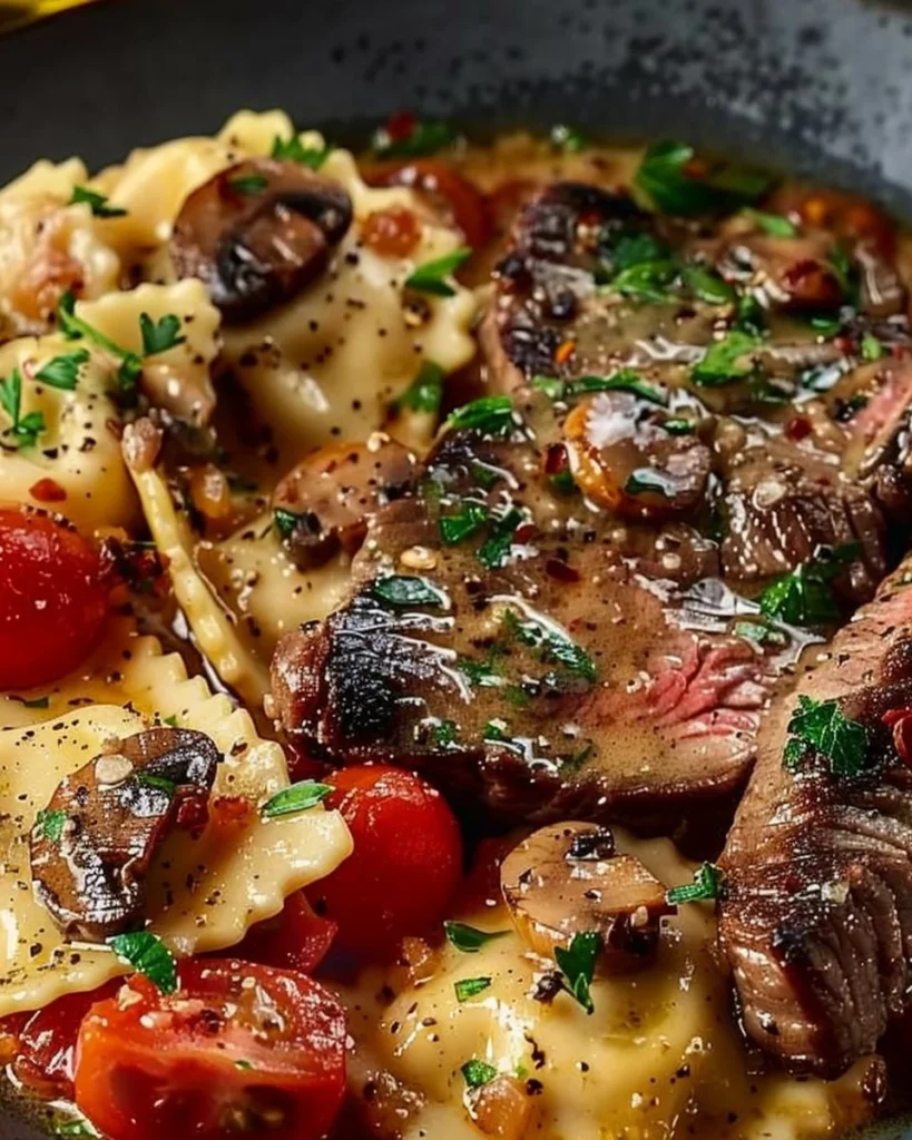 Creamy tomato mushroom ravioli served with seared steak on a plate