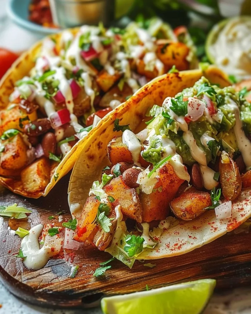 Crispy potato and bean street tacos served with a spicy creamy dip