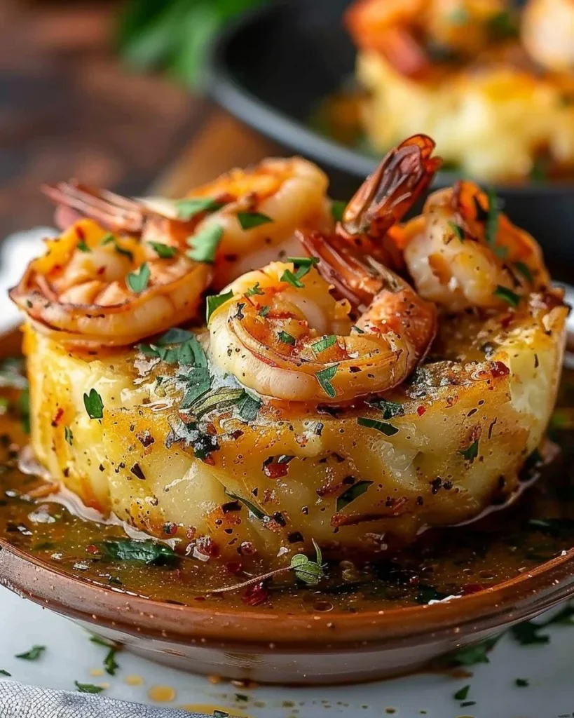 Delicious Garlic Shrimp Mofongo served with a side of sauce