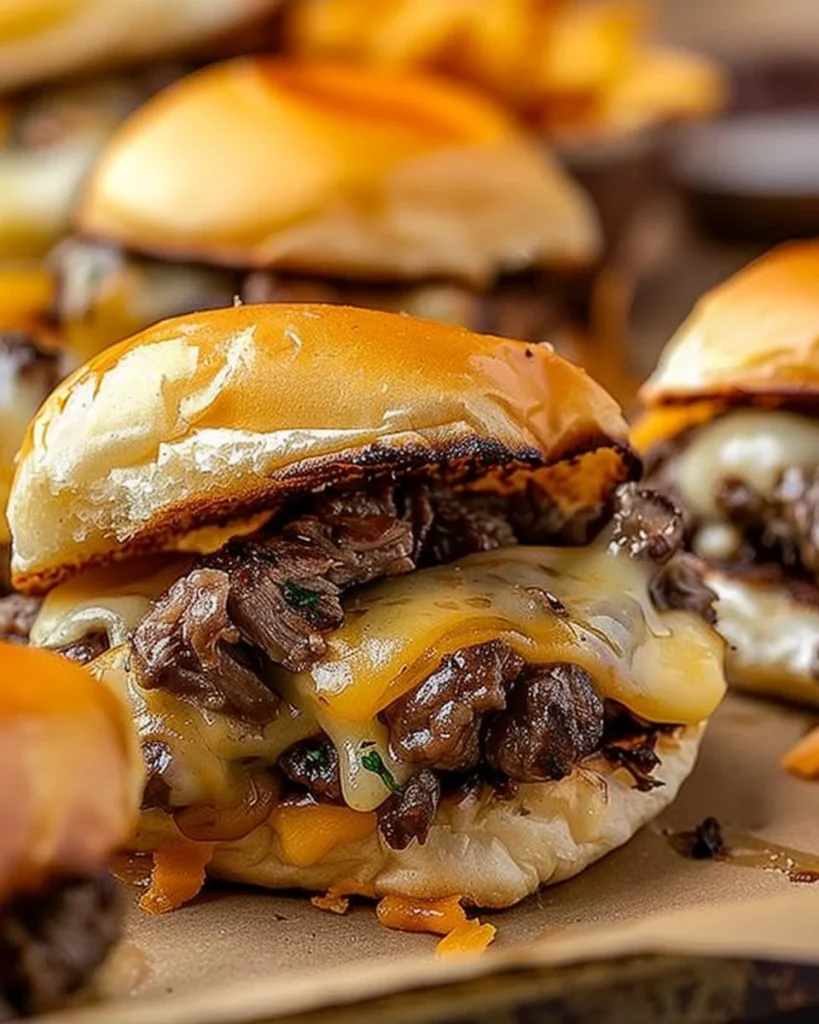 Mouthwatering Golden Gourmet Beef and Cheddar Sliders ready to serve.