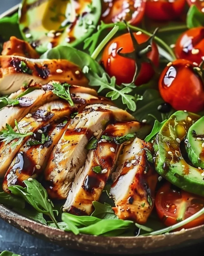 Grilled chicken salad topped with balsamic dressing on a plate