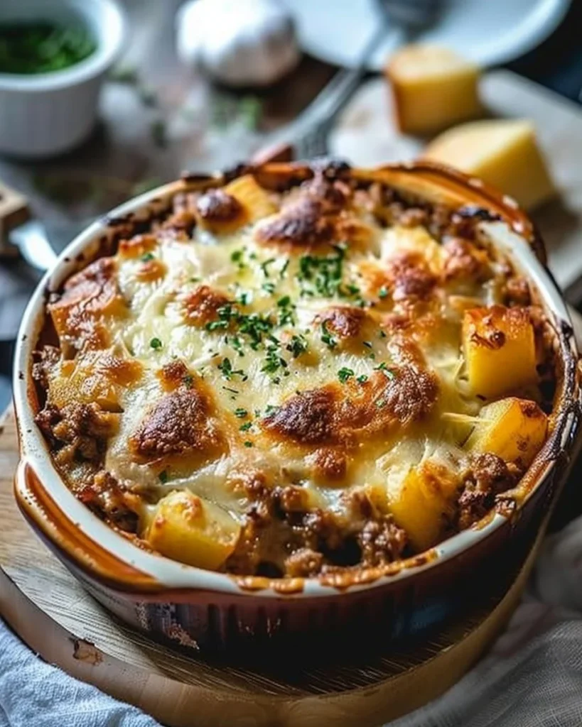 Delicious Hobo Casserole with ground beef, vegetables, and melted cheese in a dish.