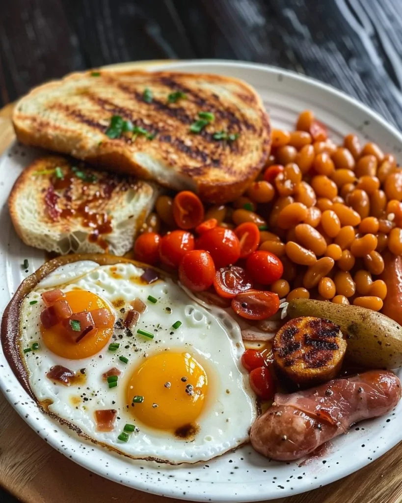 A beautifully cooked full English breakfast with eggs, bacon, sausages, and toast.