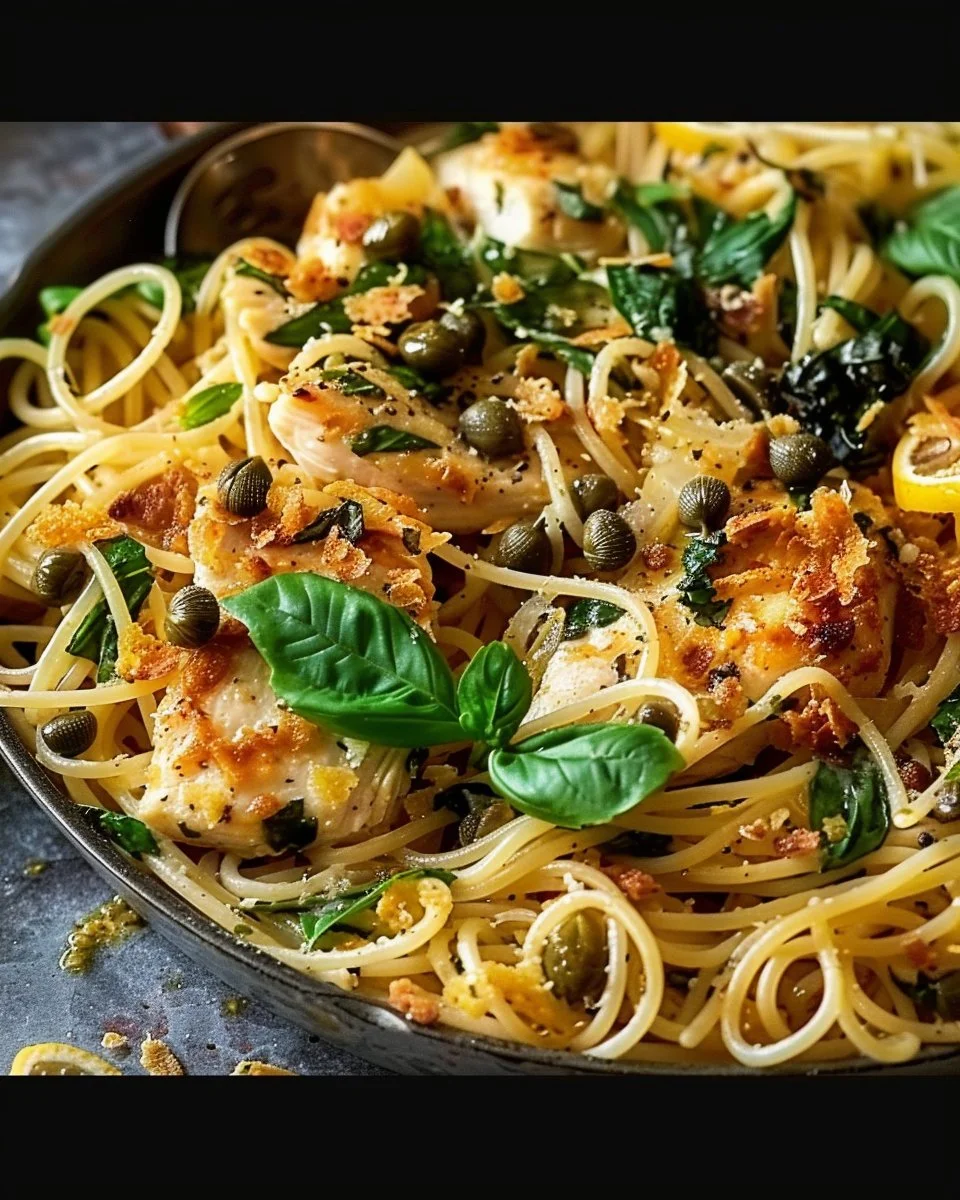 Lemon Basil Chicken Pasta with Crispy Capers