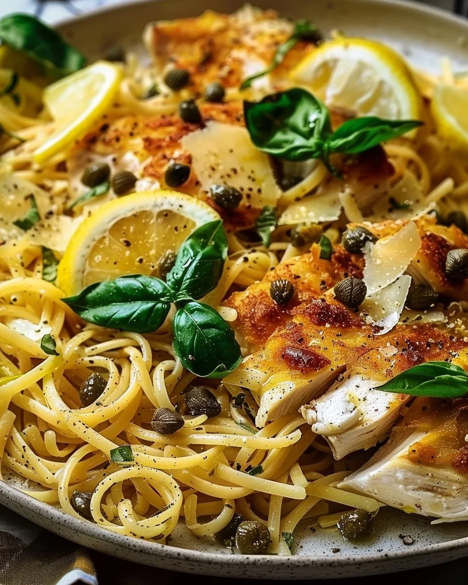 Lemon Basil Chicken Pasta with Crispy Capers