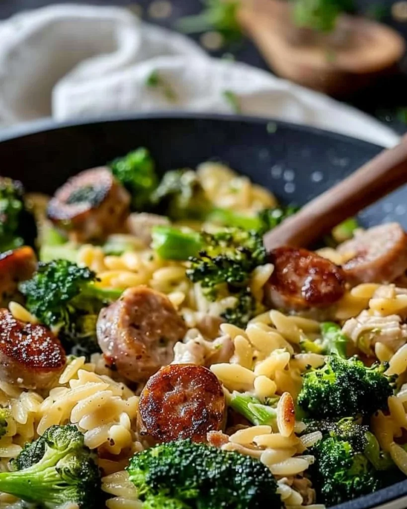 One-Pan Creamy Orzo with Chicken Sausage and Broccoli dish