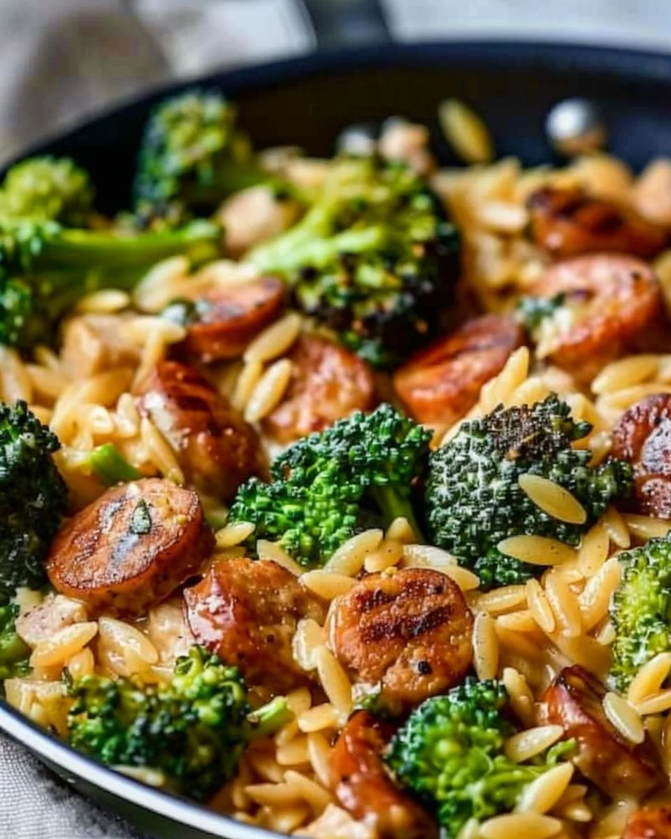 One-Pan Creamy Orzo with Chicken Sausage and Broccoli