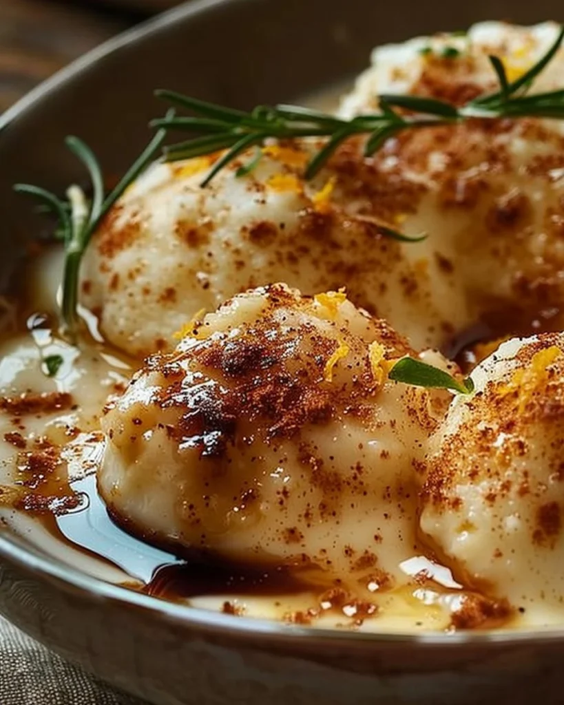 Parmesan-Asiago Cream with orange zest and white balsamic honey drizzle on a wooden table