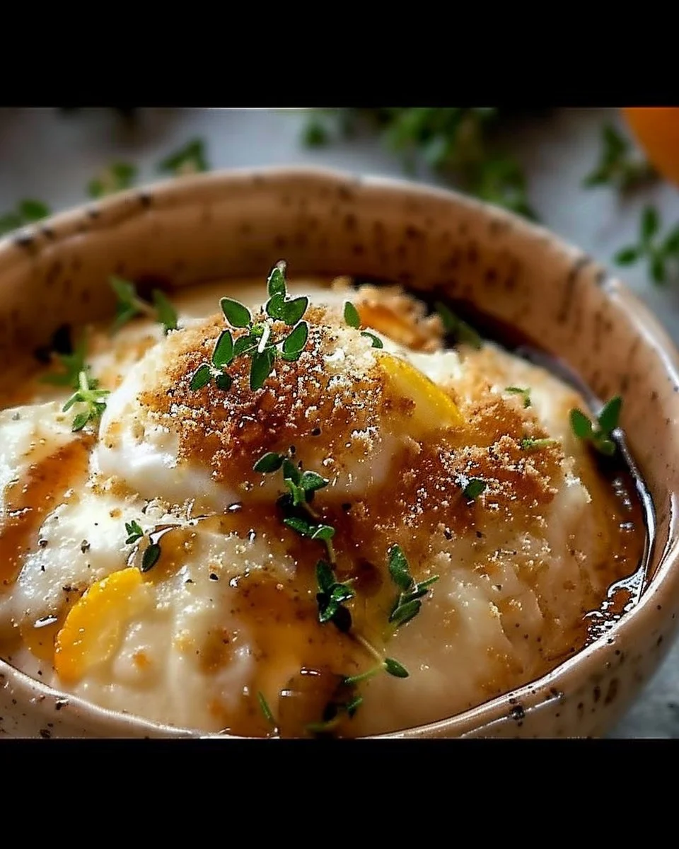 Parmesan–Asiago Cream with Orange Zest & White Balsamic Honey Drizzle