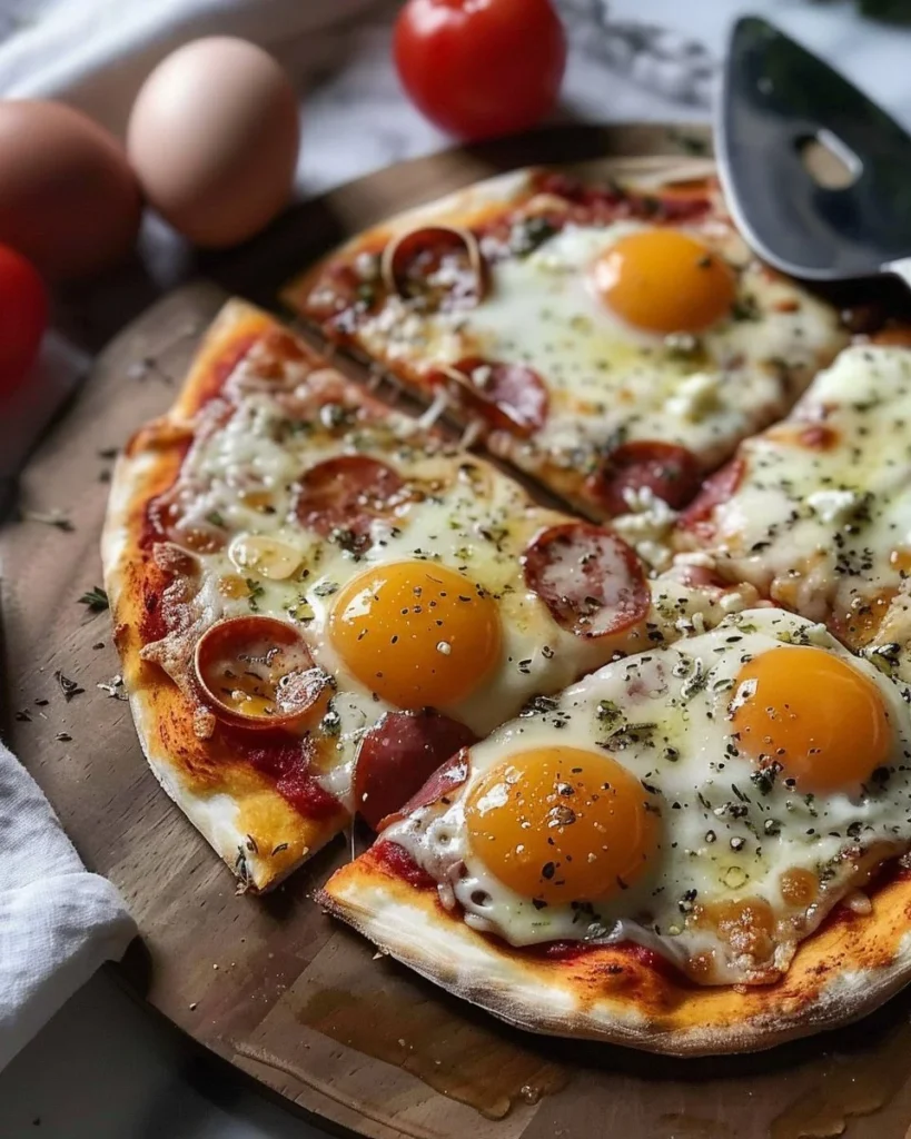 Delicious Pizza Eggs served on a plate with toppings and herbs.