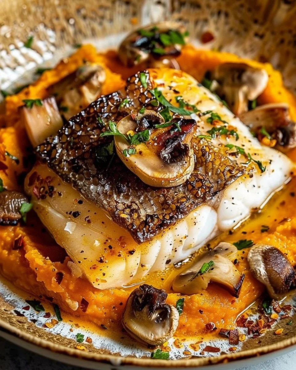 Roasted Monkfish with Coconut Pumpkin Purée, Lemon & Mushrooms