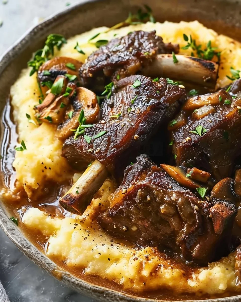 Slow-Braised Beef Short Ribs with Mushrooms & Creamy Cheddar Grits