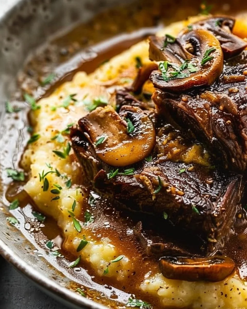 Slow-Braised Beef Short Ribs with Mushrooms & Creamy Cheddar Grits