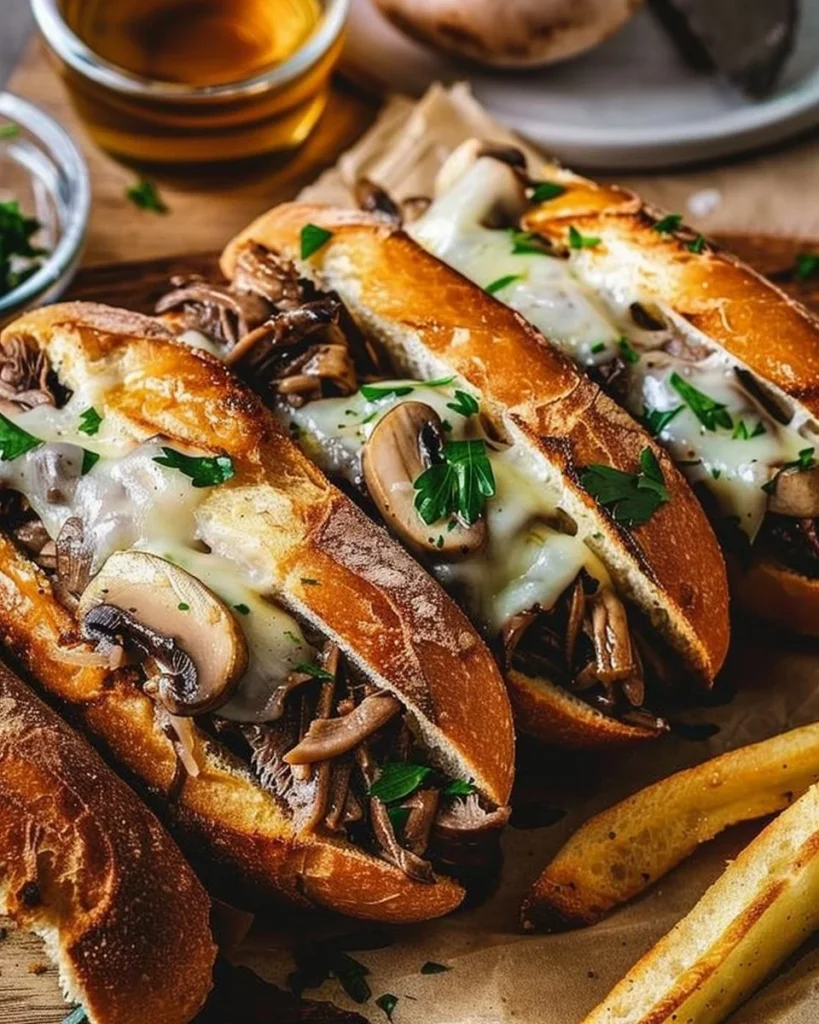 Slow Cooker French Dip Sandwiches with Garlic and Mushrooms ready to serve