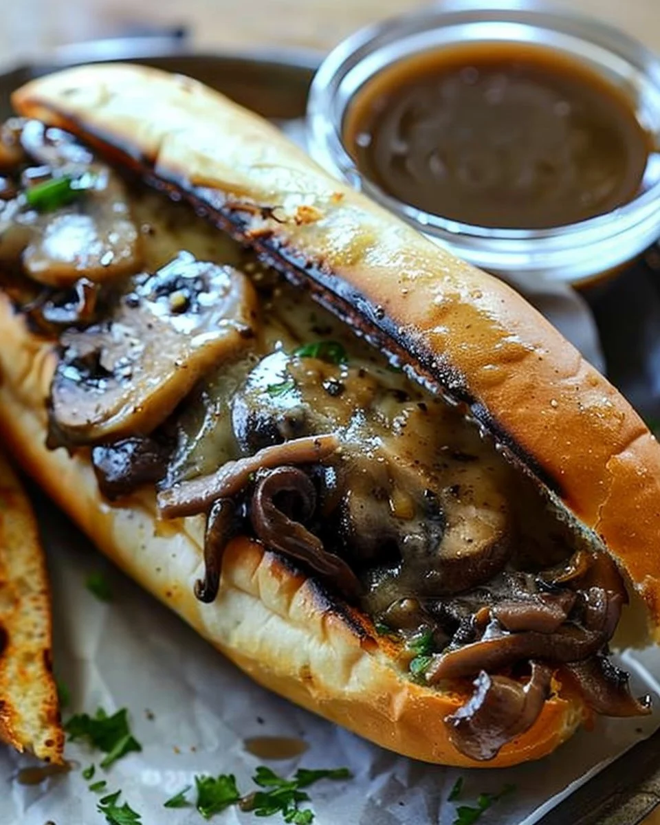 Slow Cooker French Dip Sandwiches with Garlic & Mushrooms