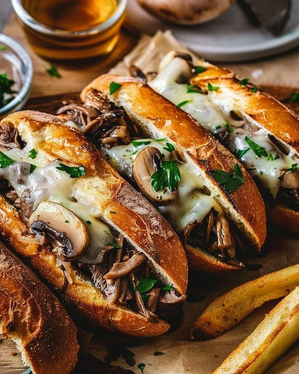 Slow Cooker French Dip Sandwiches with Garlic & Mushrooms