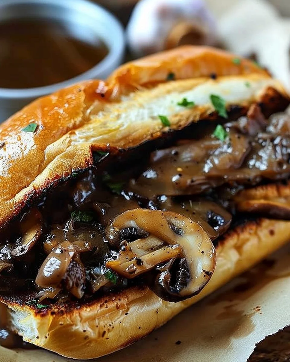 Slow Cooker French Dip Sandwiches with Garlic & Mushrooms
