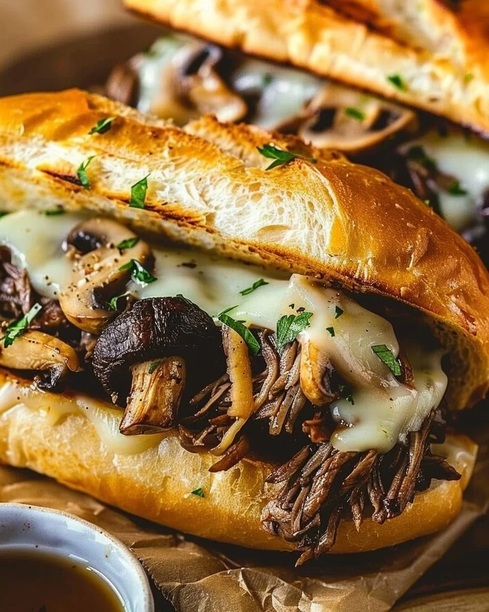 Slow Cooker French Dip Sandwiches with Garlic & Mushrooms