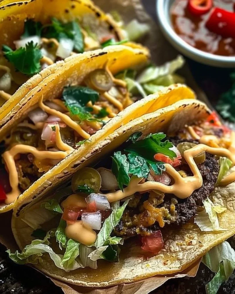 Sourdough smash burger tacos topped with sharp cheddar and served on a plate