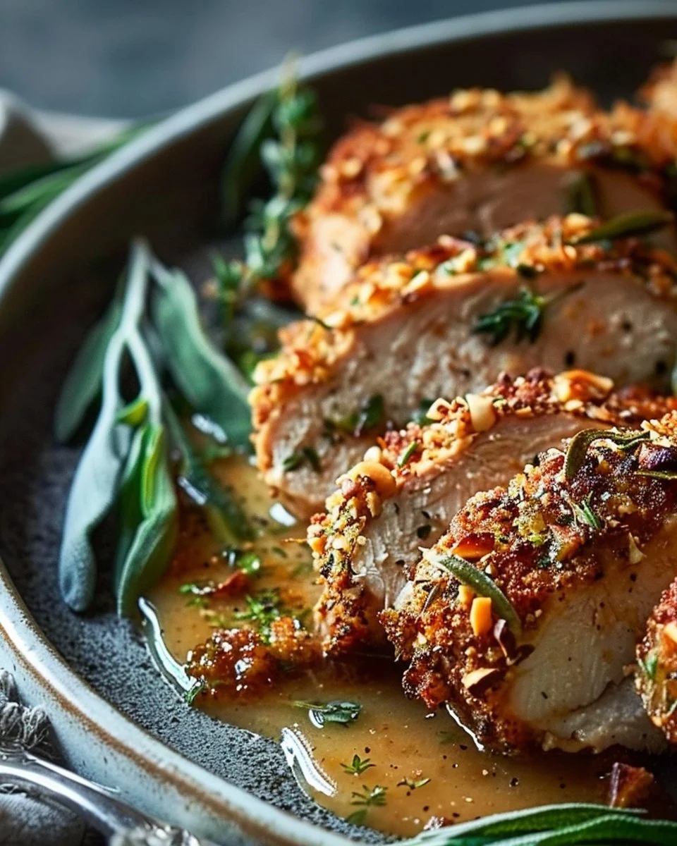 Walnut-Herb Crusted Chicken with Apple Cider Pan Sauce
