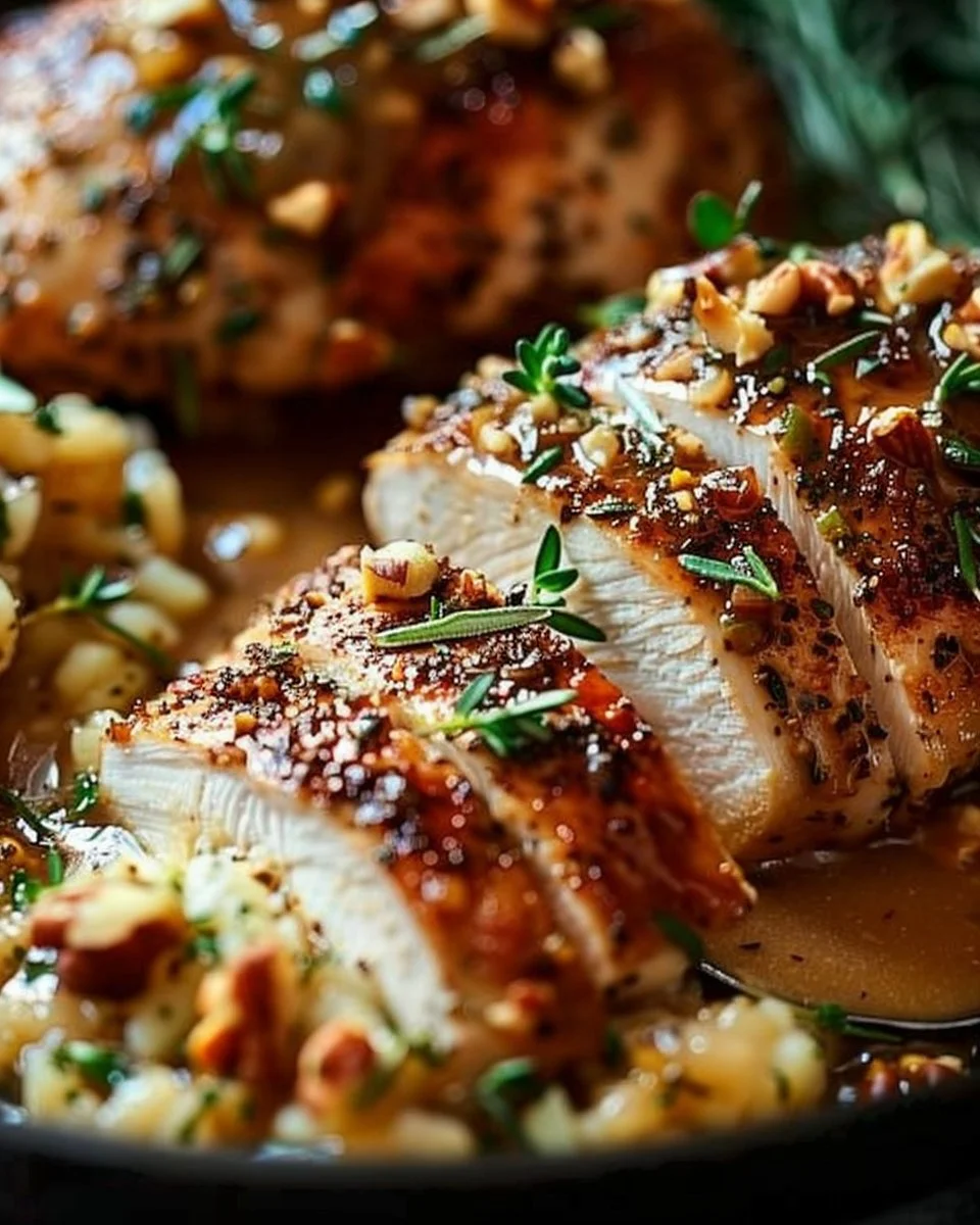 Walnut-Herb Crusted Chicken with Apple Cider Pan Sauce