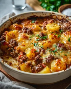 Delicious 5-ingredient hamburger casserole with potatoes baked in a dish