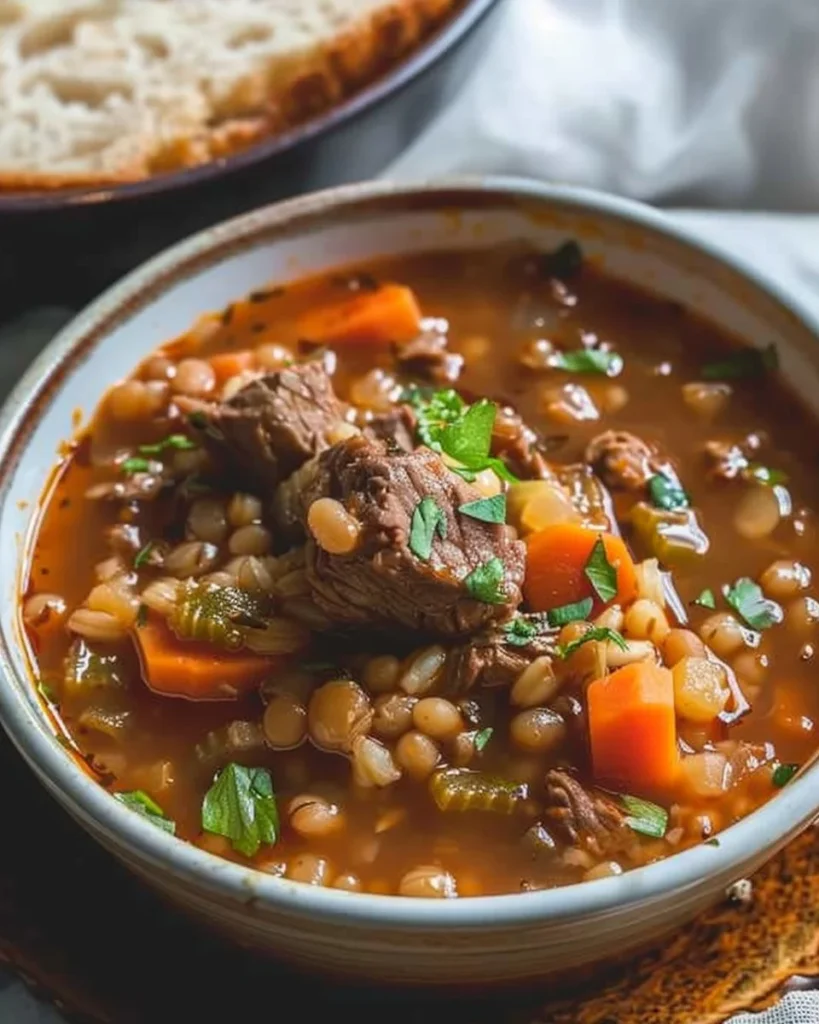 Bowl of hearty beef barley soup with vegetables and herbs