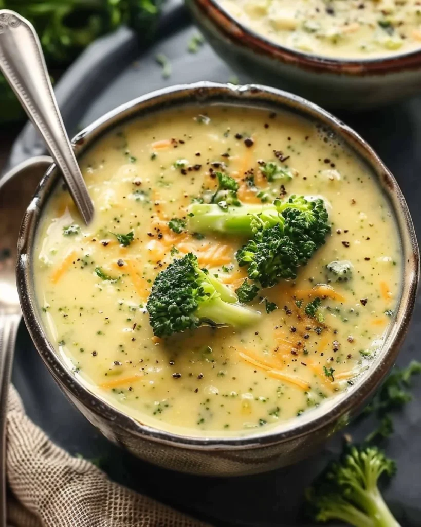 Bowl of creamy broccoli cheddar soup topped with cheese and fresh broccoli