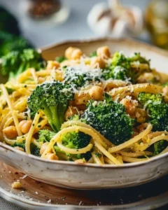 Delicious Broccoli Chickpea Pasta drizzled with garlic olive oil