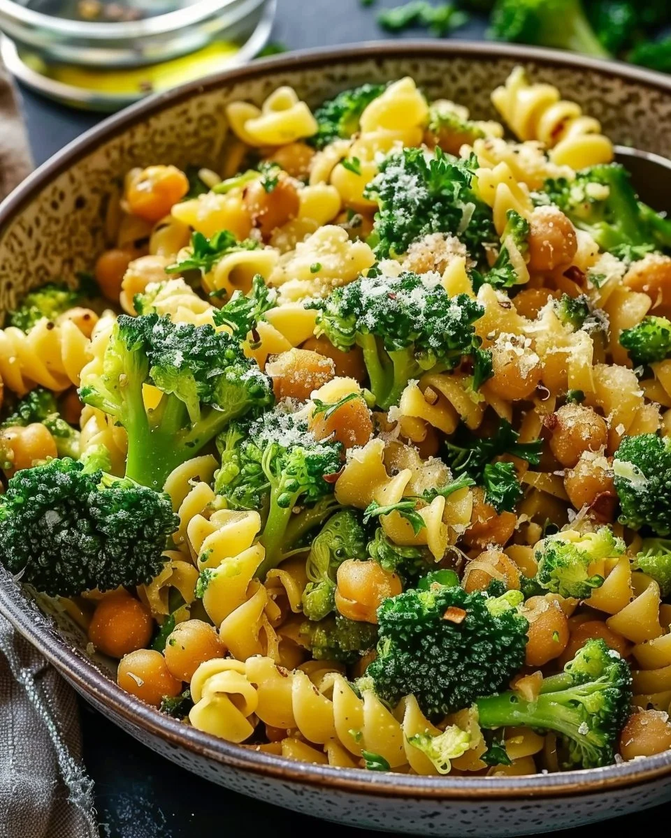 Broccoli Chickpea Pasta with Garlic Olive Oil