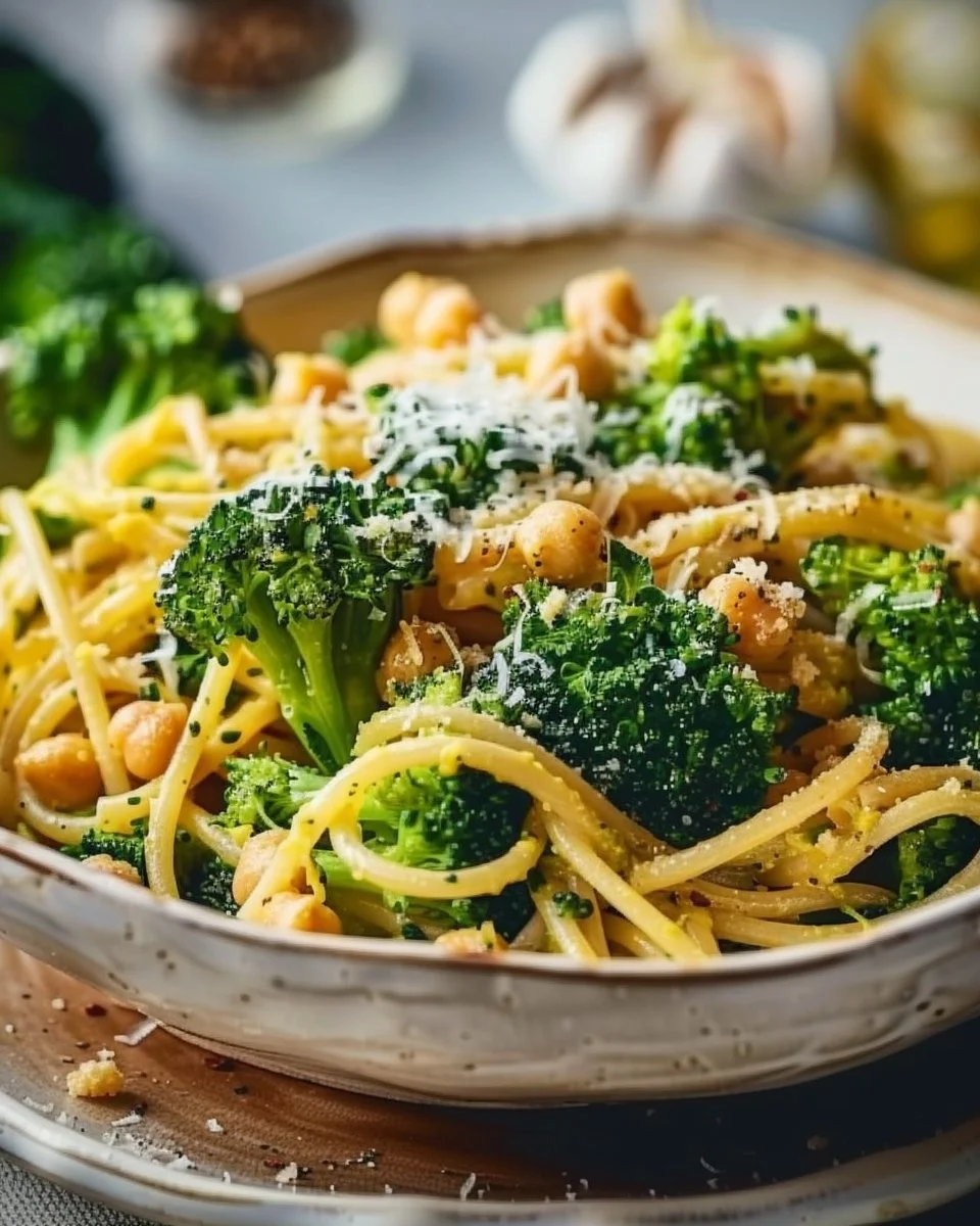 Broccoli Chickpea Pasta with Garlic Olive Oil