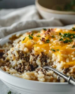 Cheesy Ground Beef Casserole with rice and melted cheese